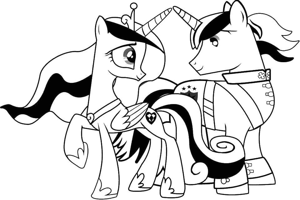 Coloring Two unicorns. Category my little pony. Tags:  unicorn, crown, wings.
