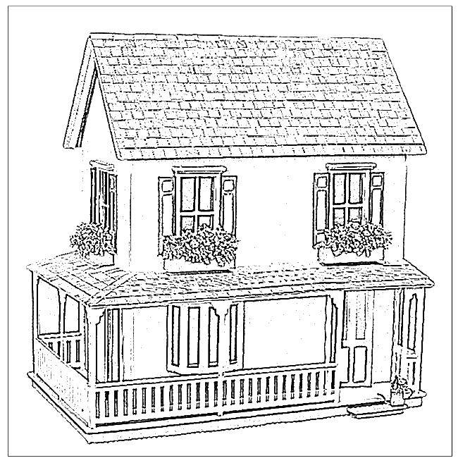 Название: Раскраска Двухэтажный дом с верандой. Категория: Раскраски дом. Теги: дом, веранда, окна, цветы.