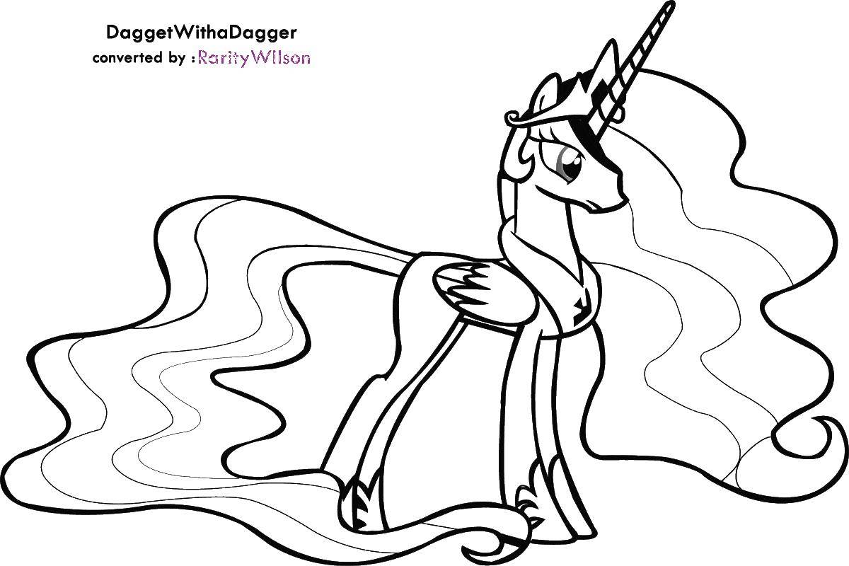 Название: Раскраска Единорог с длинной гривой. Категория: мой маленький пони. Теги: единорог, хвост, корона.