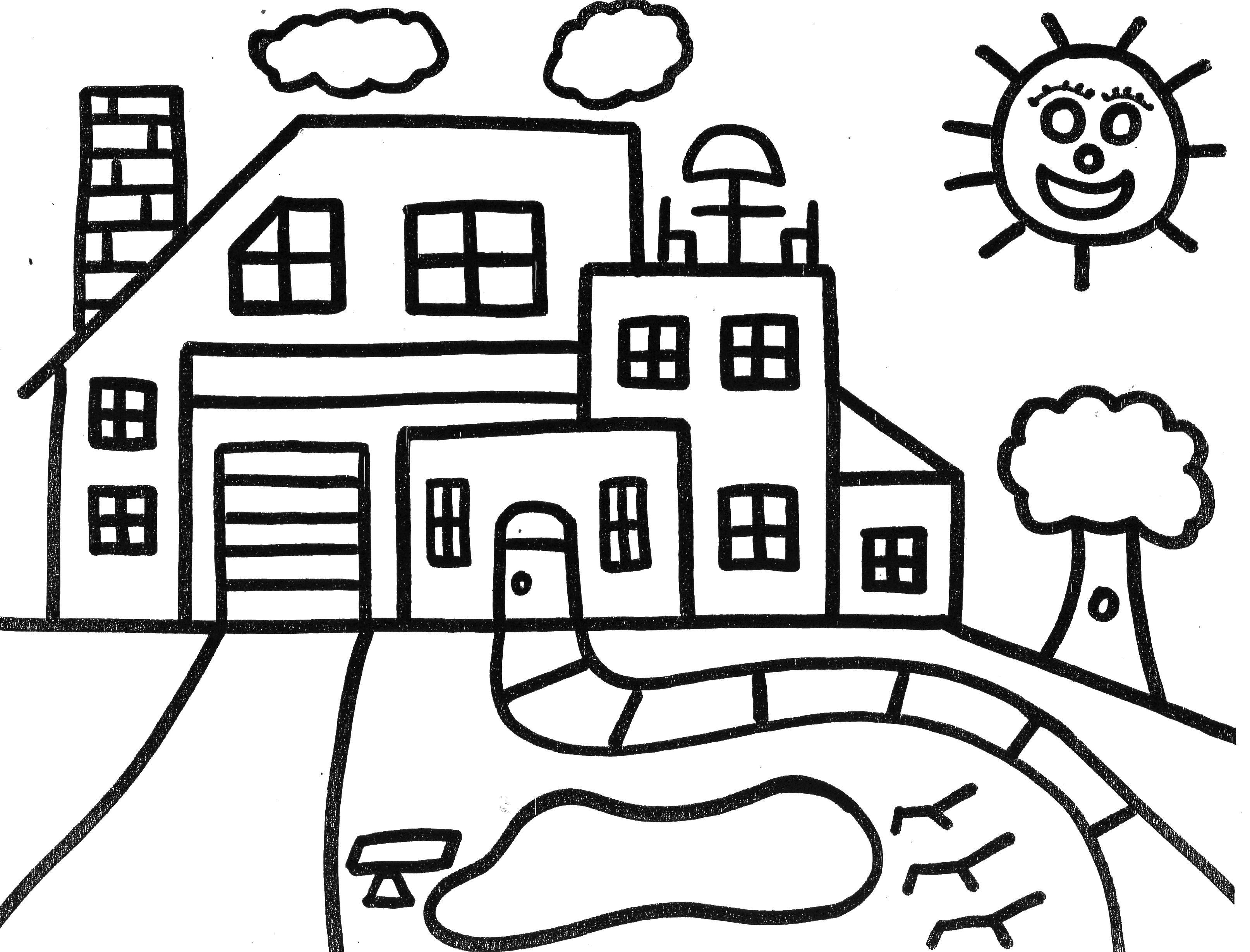 Название: Раскраска Гараж и дом. Категория: Раскраски дом. Теги: дом, гараж, солнце, дерево.