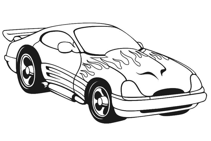Название: Раскраска Гоночная машина с рисунком пламени. Категория: Машины. Теги: Машина, современная, гоночная, пламя.