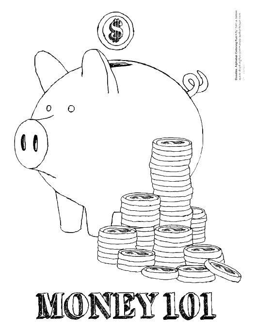 Название: Раскраска Копилка свинья и монеты. Категория: Деньги. Теги: копилка, свинья, монеты.