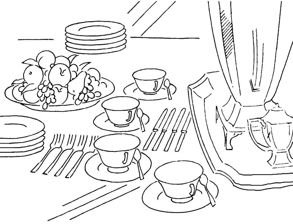 Название: Раскраска Красиво накрытый стол с фруктами. Категория: кухня. Теги: Кухня, дом, еда.
