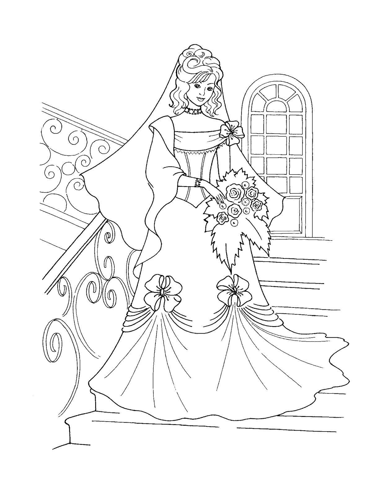 Coloring The bride on the stairs. Category Wedding. Tags:  wedding, bride, roses.