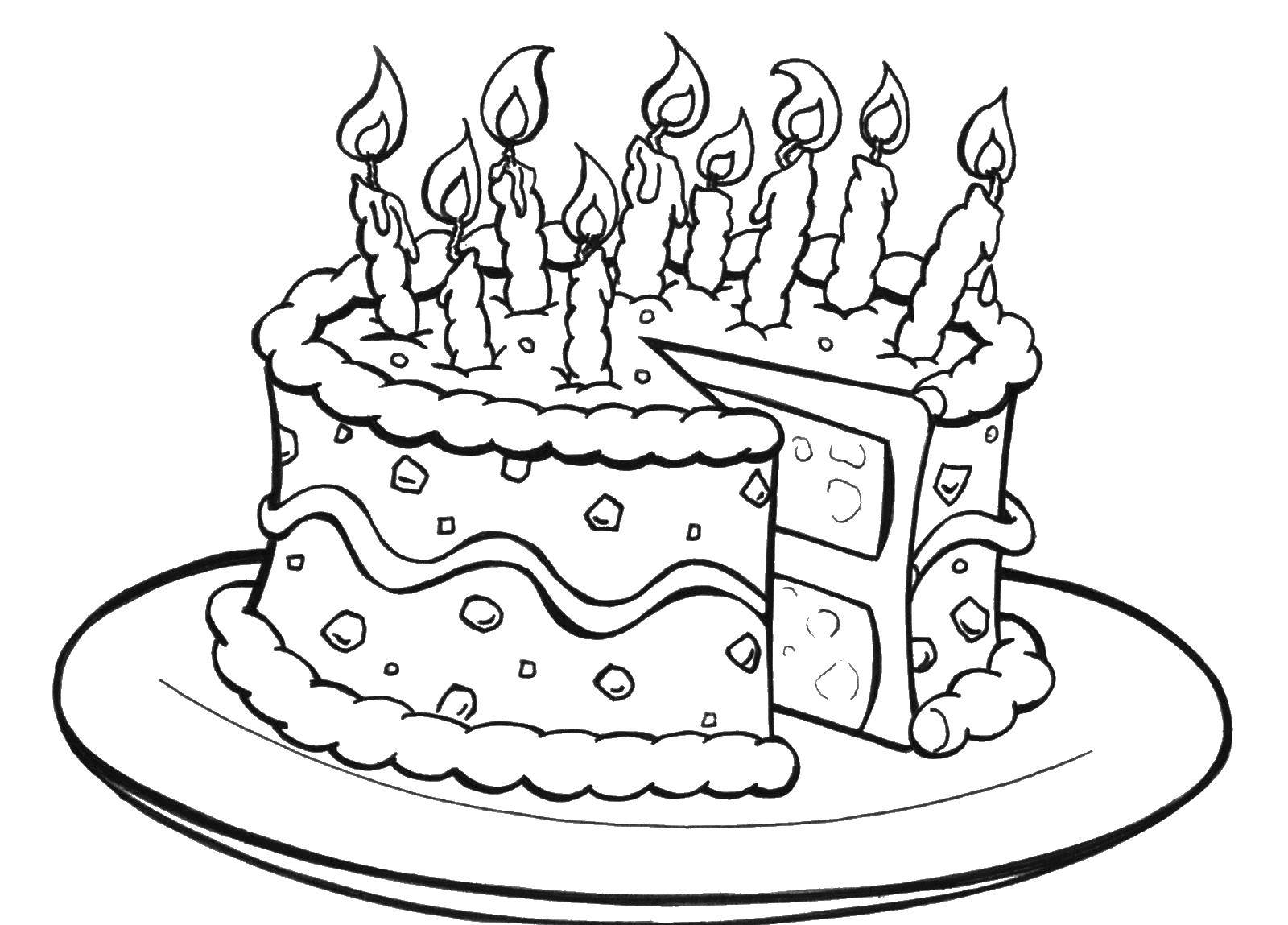 Название: Раскраска Отрезанный торт со свечами. Категория: торты. Теги: торт, свечи, тарелка.
