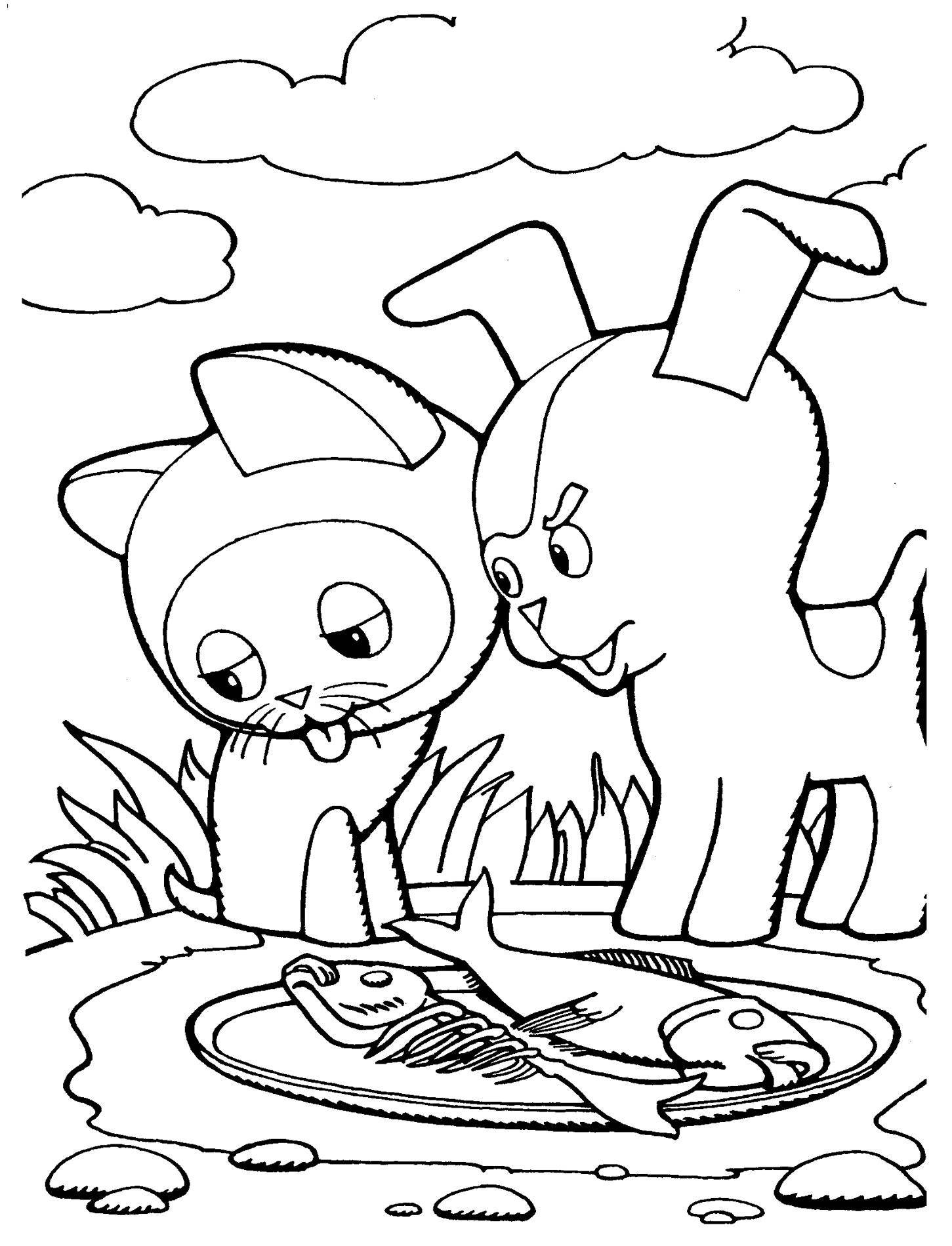 Coloring Drawing kitten named woof and fish. Category Pets allowed. Tags:  cat, cat.