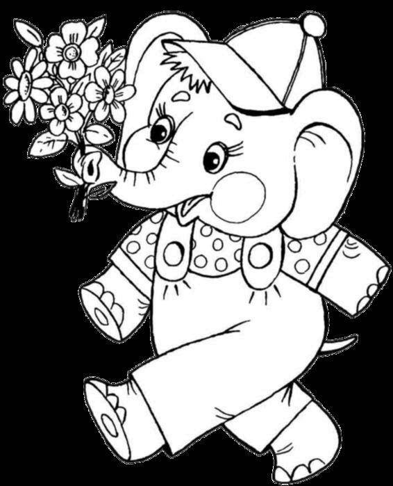 Название: Раскраска Рисунок слоненок с цветком. Категория: домашние животные. Теги: слон.