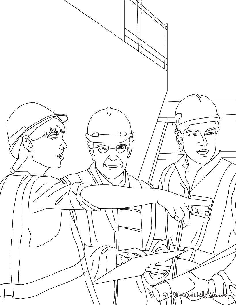 Coloring Builders in hard hats. Category Coloring house. Tags:  builders, hardhat, paper.