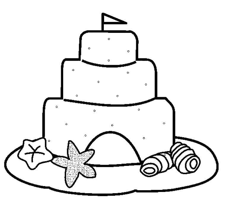 Название: Раскраска Торт с ракушками. Категория: торты. Теги: торт, флаг, ракушки, тарелка.