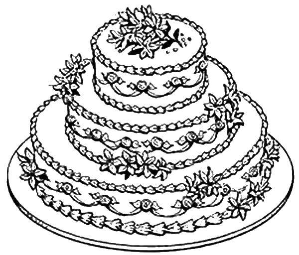 Название: Раскраска Трехъярусный торт на тарелке. Категория: торты. Теги: торт, тарелка, цветы.