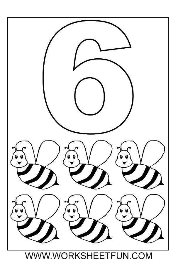 Название: Раскраска Цифра шесть и пчелки. Категория: Цифры. Теги: цифра, пчелки.