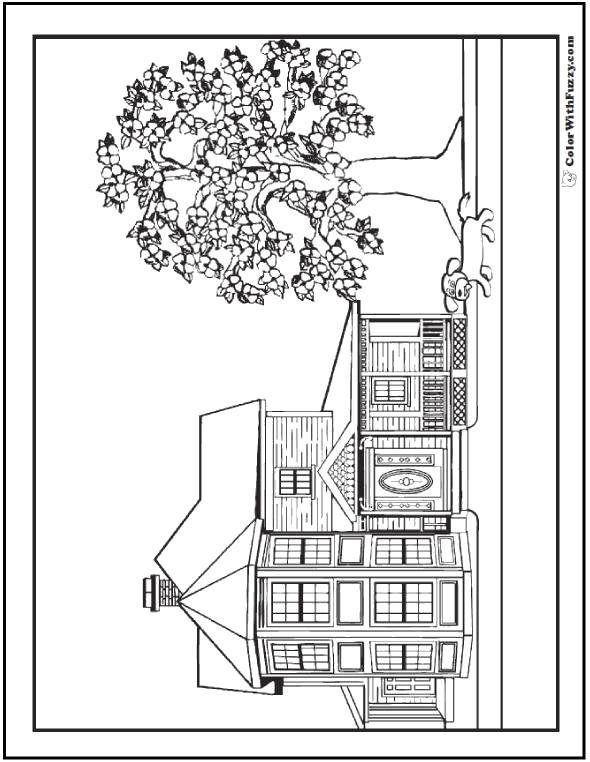 Coloring Flower tree in the house. Category home. Tags:  House, building.