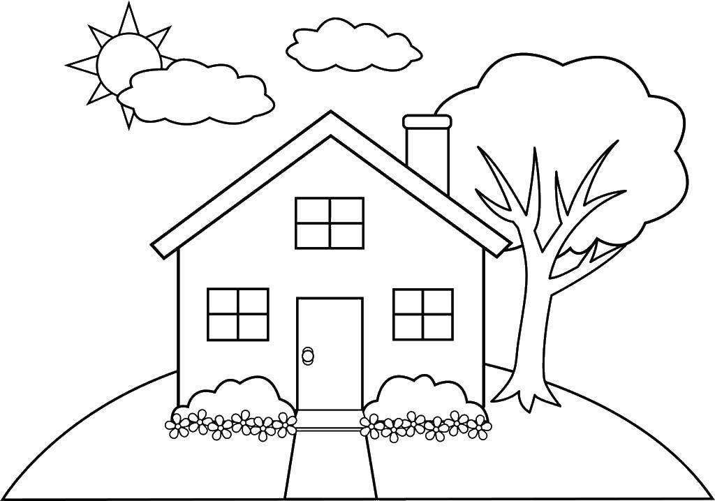 Coloring Flowers and house. Category Coloring house. Tags:  house, flowers, tree.