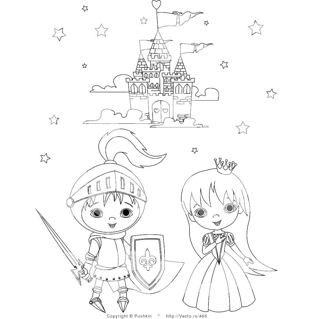 Название: Раскраска Замок и принцесса с рыцарем. Категория: Замки. Теги: замок, принцесса, рыцарь.
