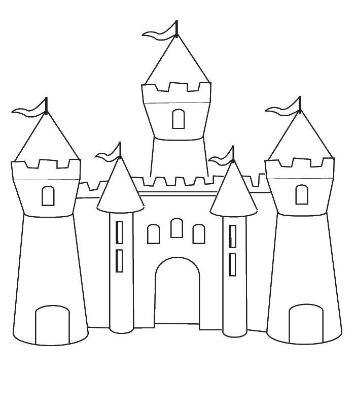 Название: Раскраска Замок с башнями и флагами. Категория: Замки. Теги: замок, башни, флаги.