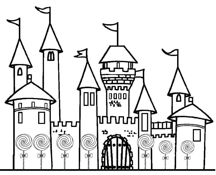 Название: Раскраска Замок с леденцами. Категория: Замки. Теги: замок, сладости, башни.