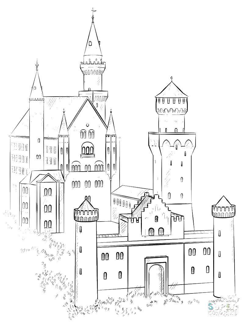 Название: Раскраска Замок с воротами и башни. Категория: Замки. Теги: замок, башни, лестница.
