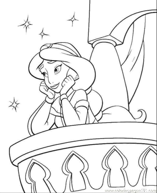 Название: Раскраска Жасмин на балконе. Категория: Принцессы. Теги: мультфильмы, принцессы, Жасмин.