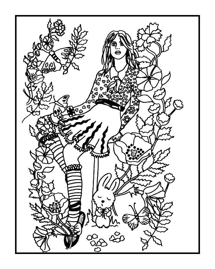 Название: Раскраска Девочка в саду и зайка. Категория: Девочка. Теги: девочка, сад, зайка.