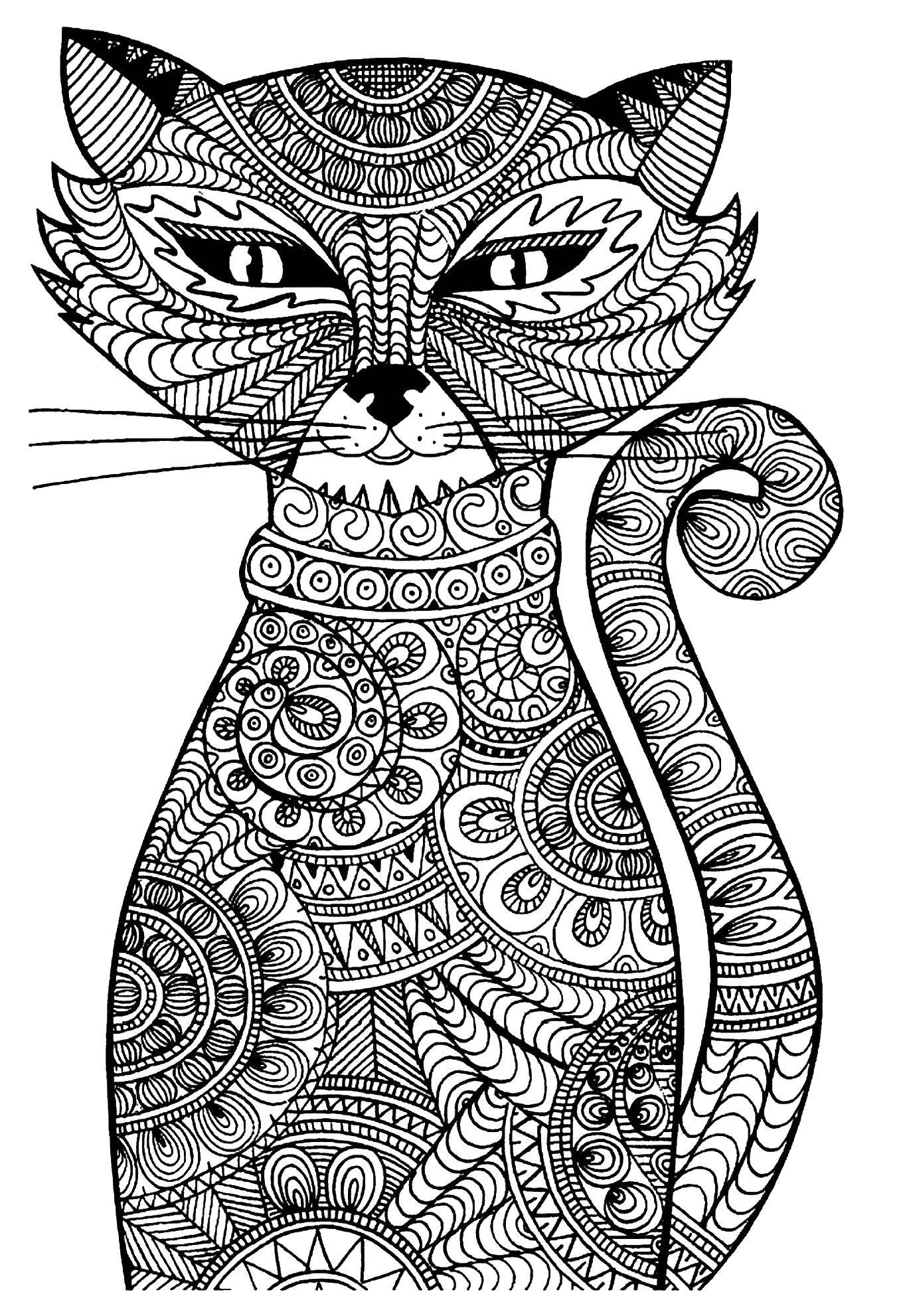 Название: Раскраска Довольный кот в узорах. Категория: узоры. Теги: Узоры, животные.