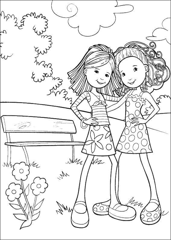Название: Раскраска Две девочки и лавочка. Категория: раскраски. Теги: девочки, лавочка, цветы.