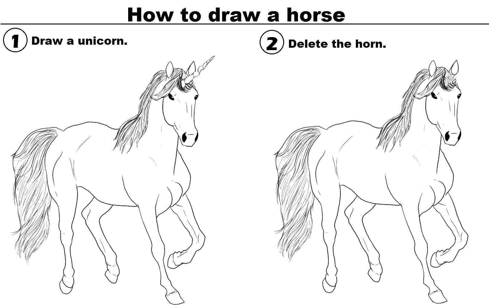 Название: Раскраска Единорог и лошадь. Категория: как нарисовать пошагово. Теги: единорог, лошадь, хвост.