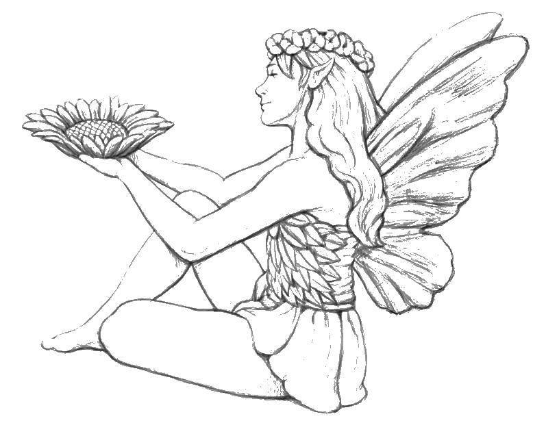 Coloring Fairy with a flower. Category flowers. Tags:  flowers, flower, fairy.