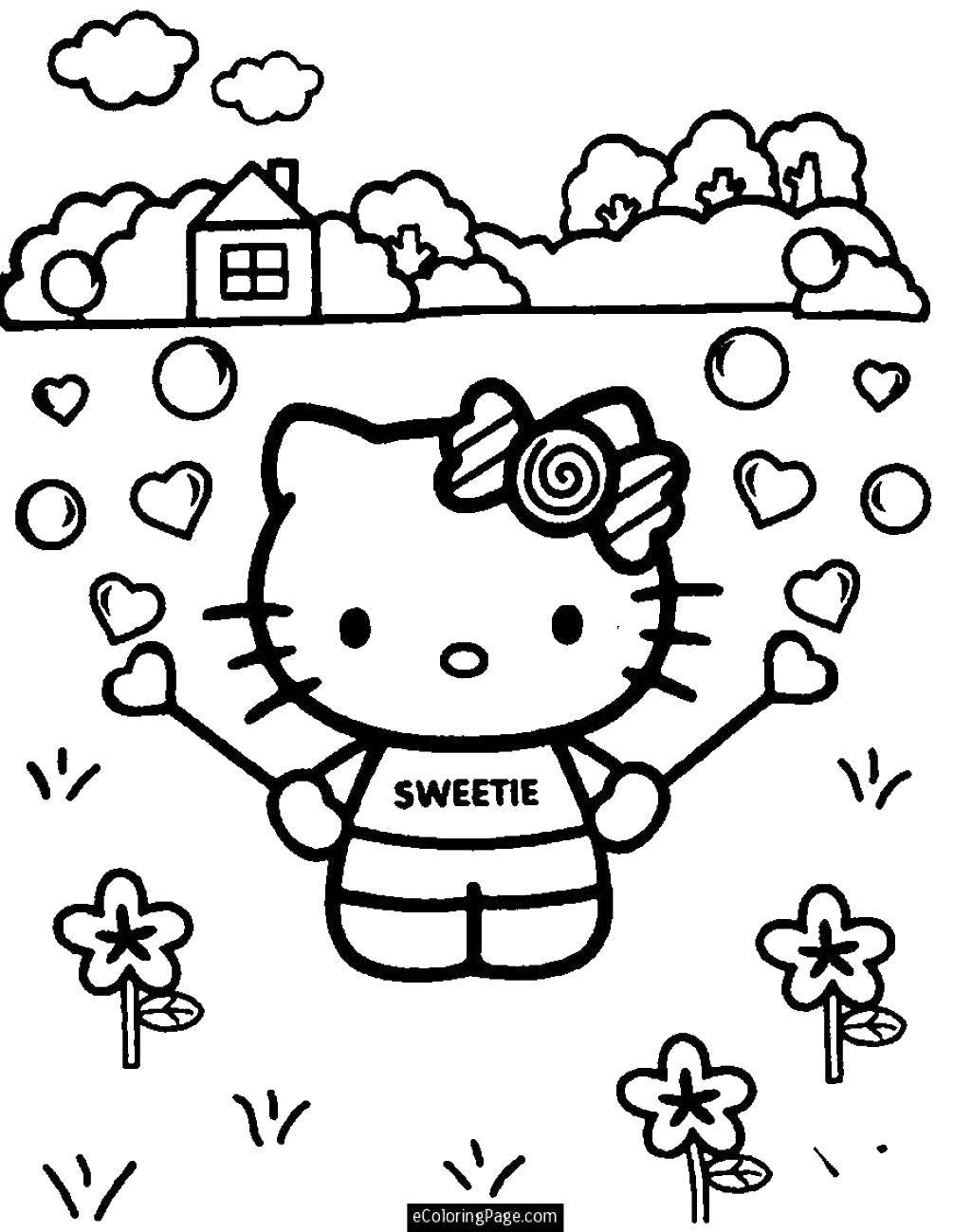 Название: Раскраска Hello kitty и сердечки. Категория: Hello Kitty. Теги: Hello Kitt, сердечки, пузыри, дом, деревья.