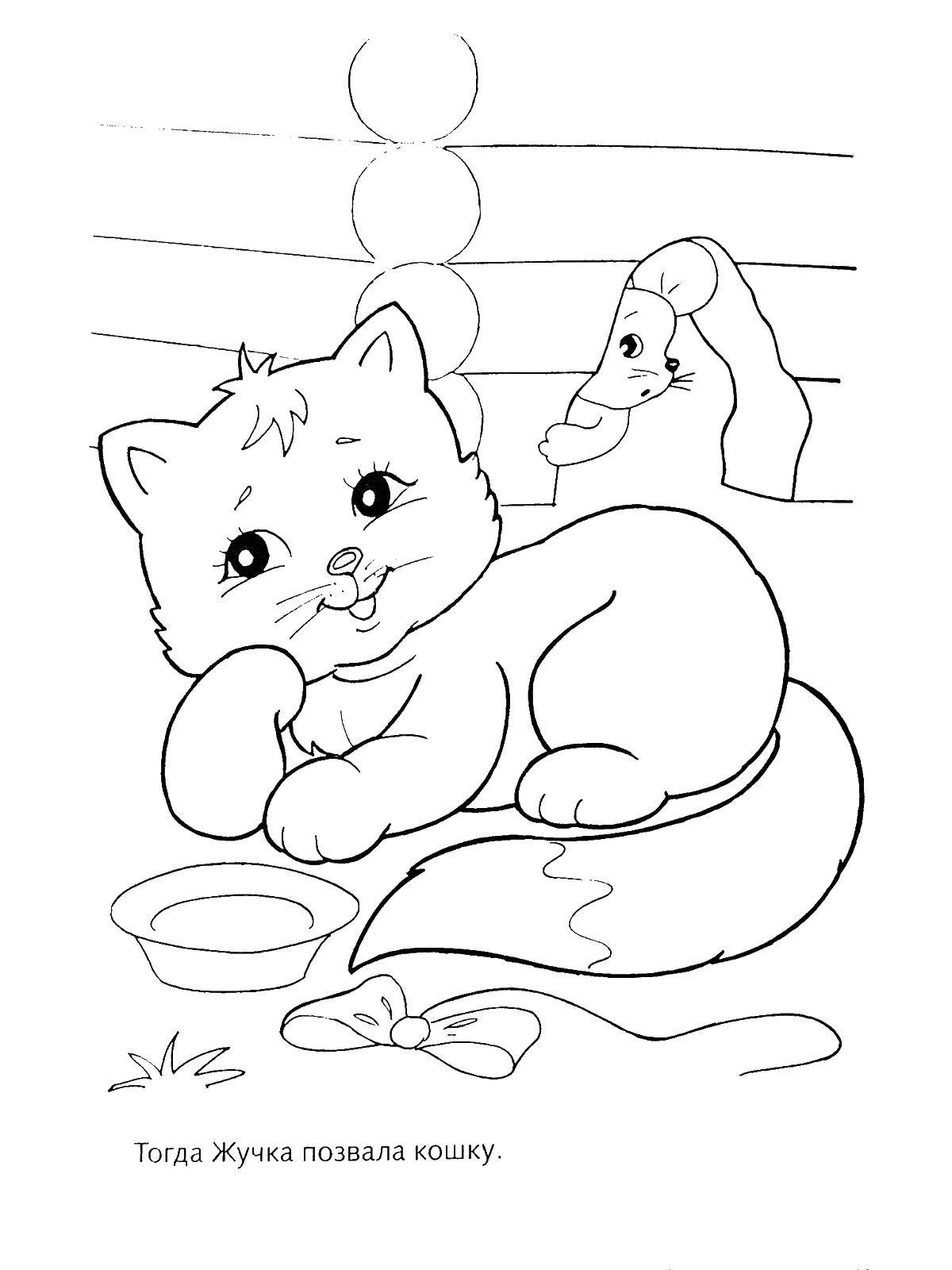 Coloring Kitten and mouse. Category seals. Tags:  kitty, mouse, bowl, mink.