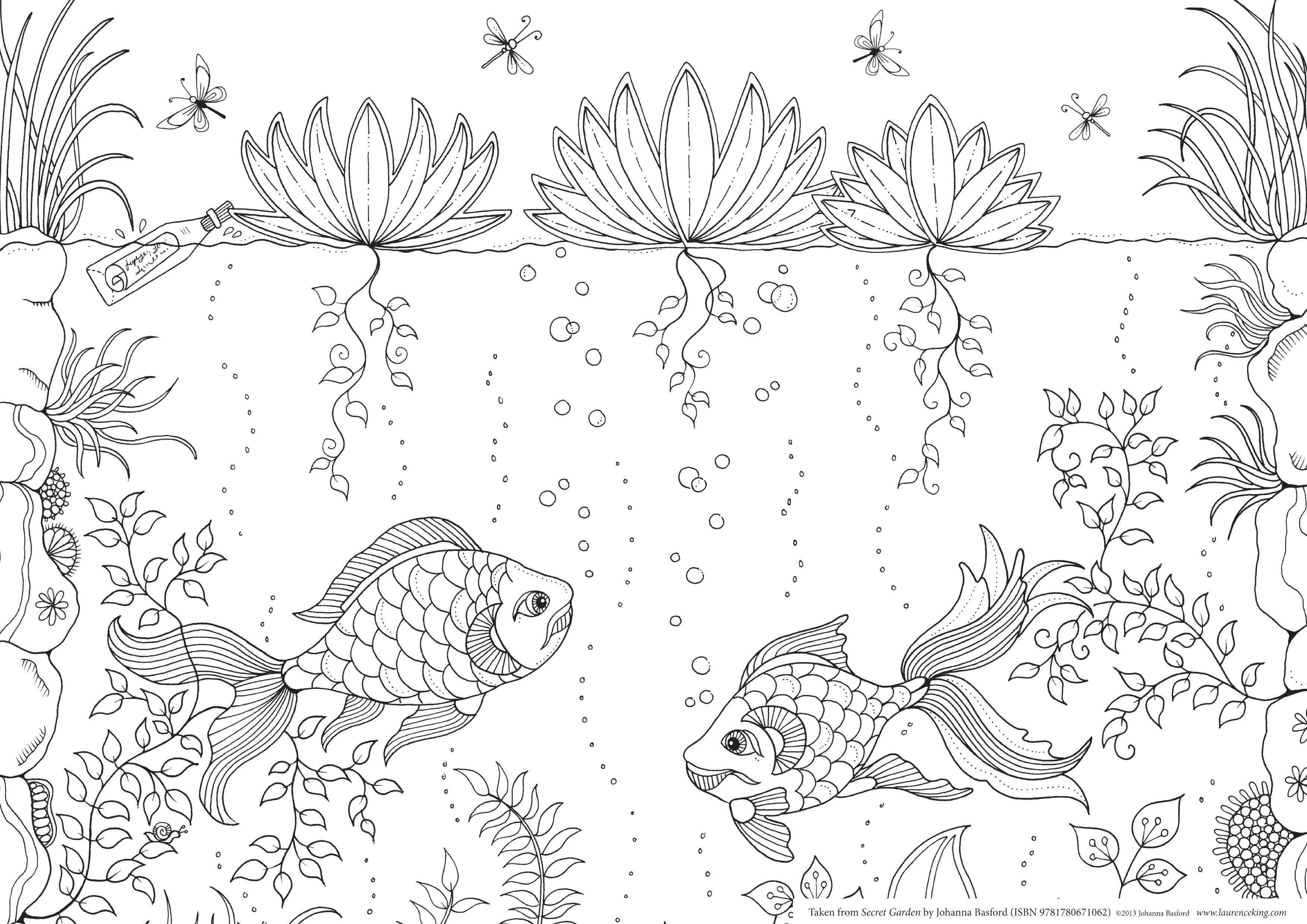 Название: Раскраска Кувшинки и рыбки. Категория: Антистресс. Теги: антистресс, цветы, рыбки.