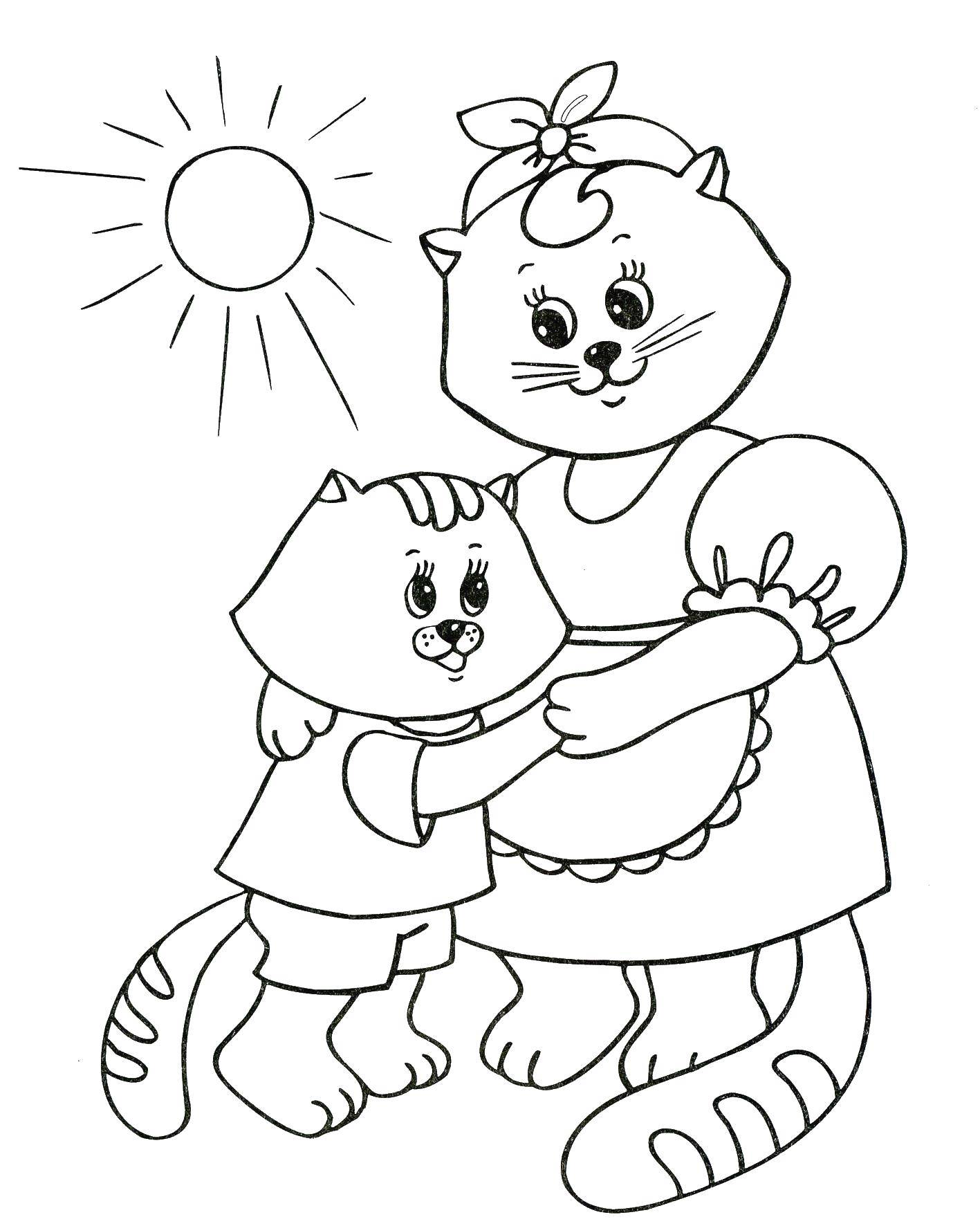 Название: Раскраска Мама кошка с ребенком котенком. Категория: мама с ребенком. Теги: кошка, котенок, солнце, фартук.