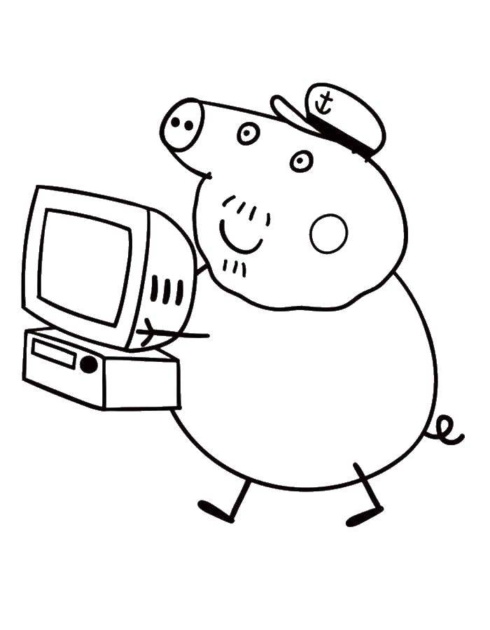 Название: Раскраска Папа свин и компьютер. Категория: Свинка Пеппа. Теги: папа, свинья, компьютер.