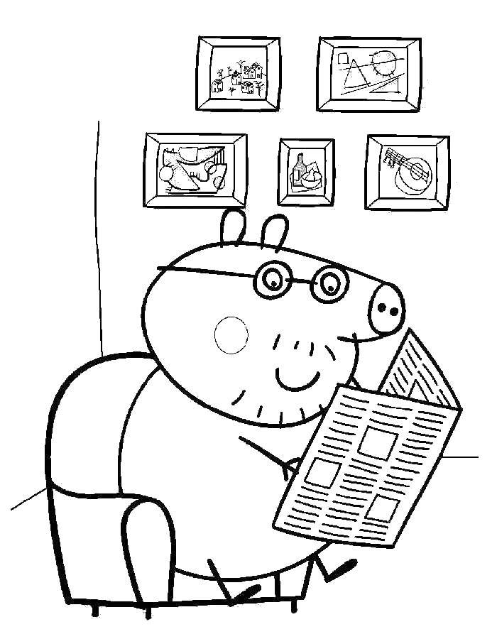 Название: Раскраска Папа свинья читает газету. Категория: Свинка Пеппа. Теги: Свинка Пеппа.