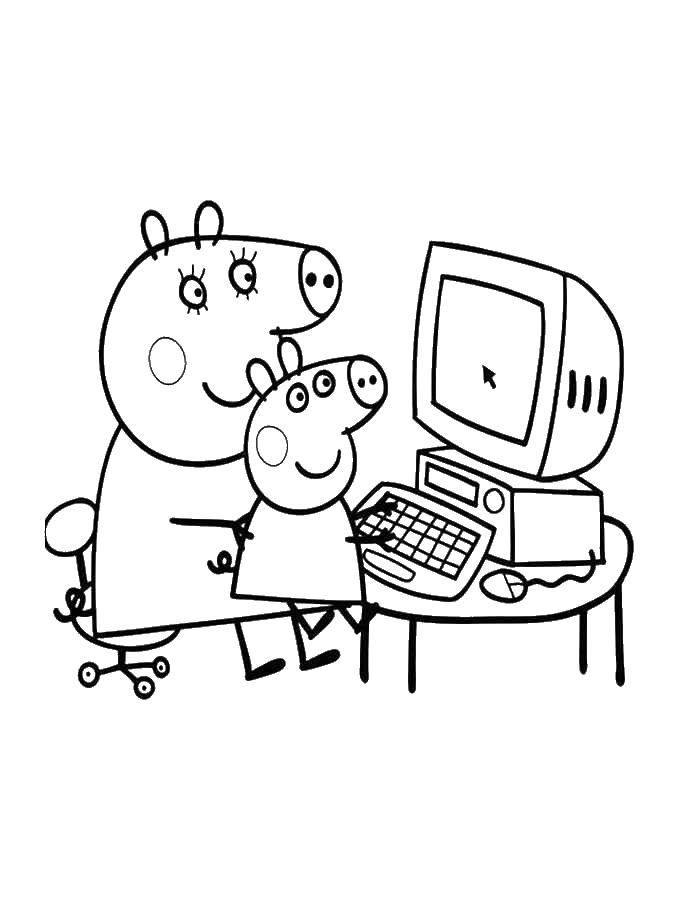 Название: Раскраска Пеппа с мамой за компьютером. Категория: моя семья из 4 человек. Теги: Свинка Пеппа.