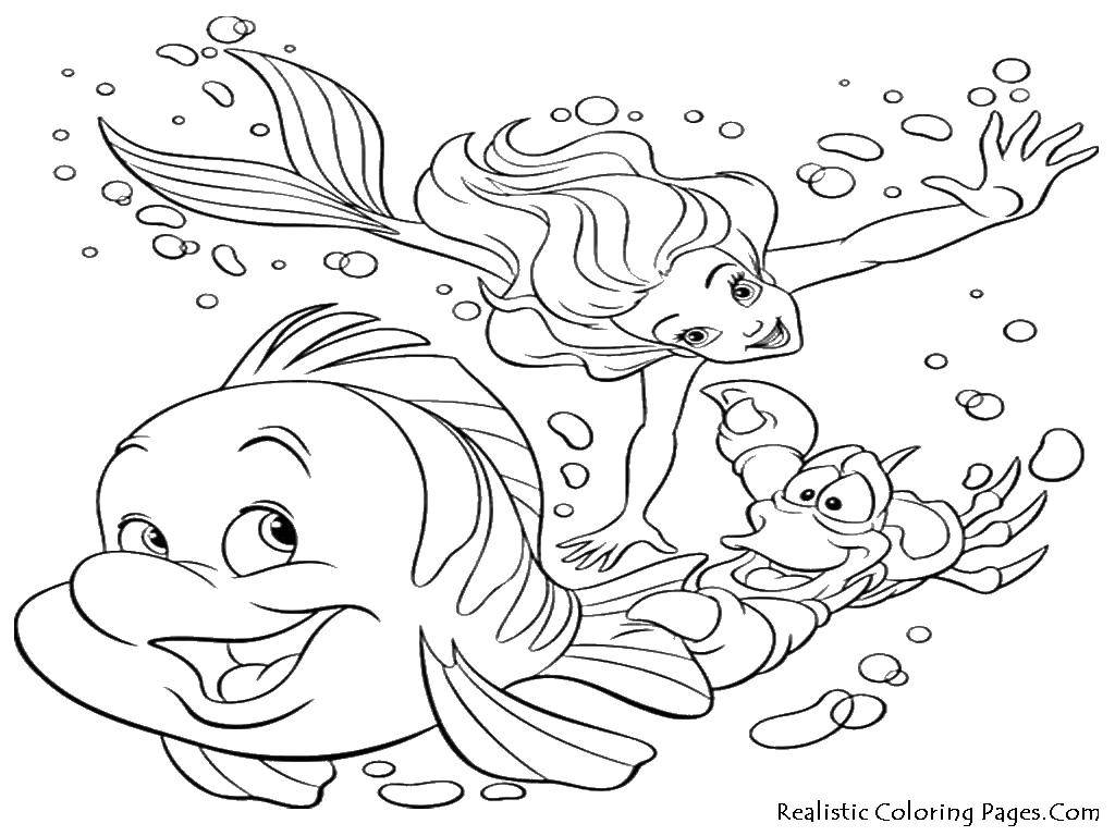 Coloring Mermaid and fish with crab. Category The little mermaid. Tags:  mermaid, fish, crab.