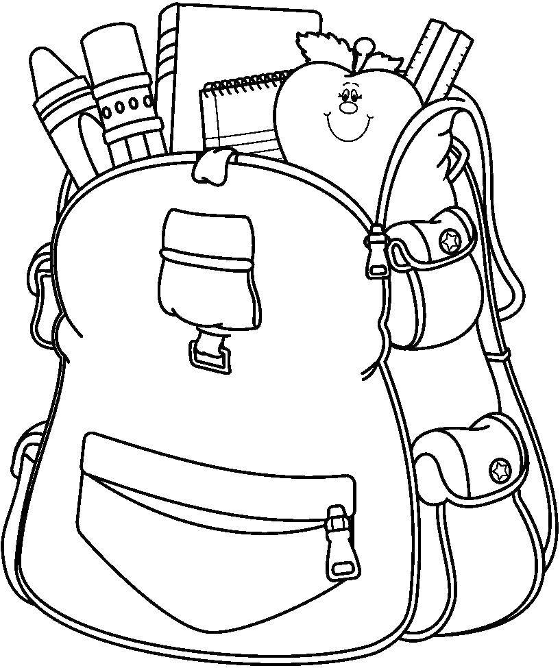 Название: Раскраска Рюкзак и принадлежности. Категория: школьные принадлежности. Теги: рюкзак, карандаши, яблоко, блокнот.