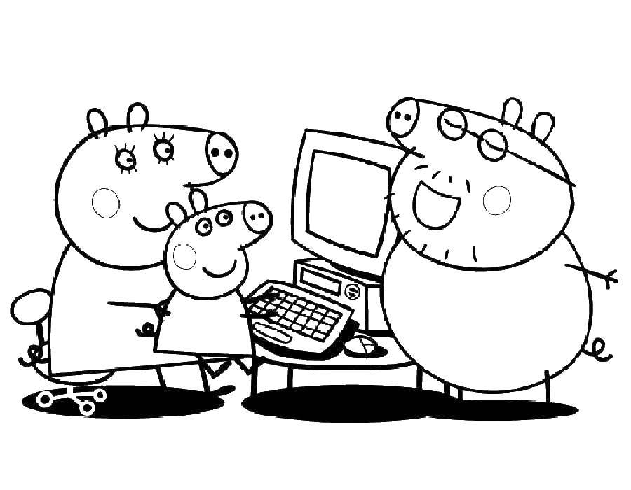 Название: Раскраска Семья свинки пеппы купила компьютер. Категория: моя семья из 4 человек. Теги: Свинка Пеппа.