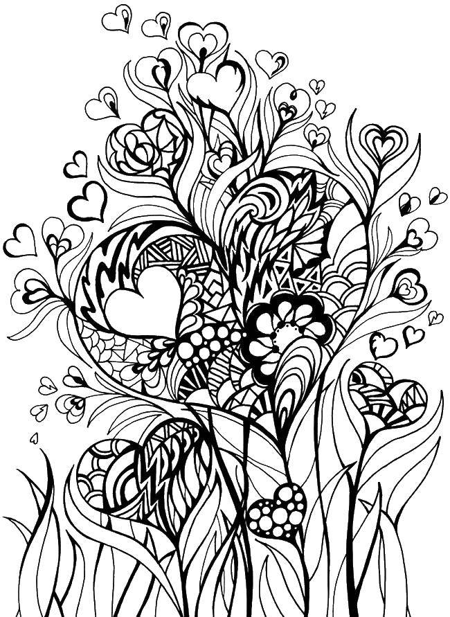 Название: Раскраска Сердца и растения. Категория: Узоры с цветами. Теги: узоры, цветы, растения.