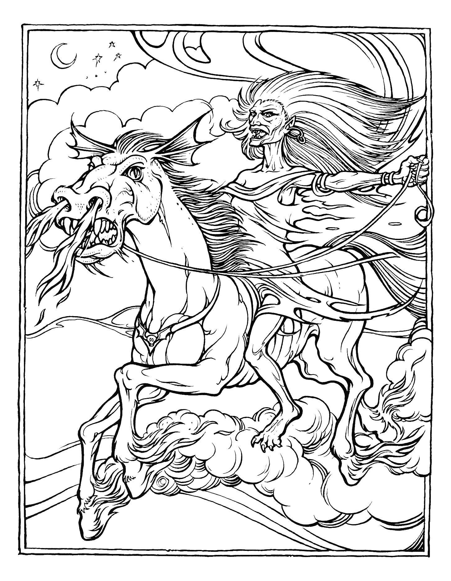 Coloring A witch on a horse. Category fiction. Tags:  witch, horse, fire.