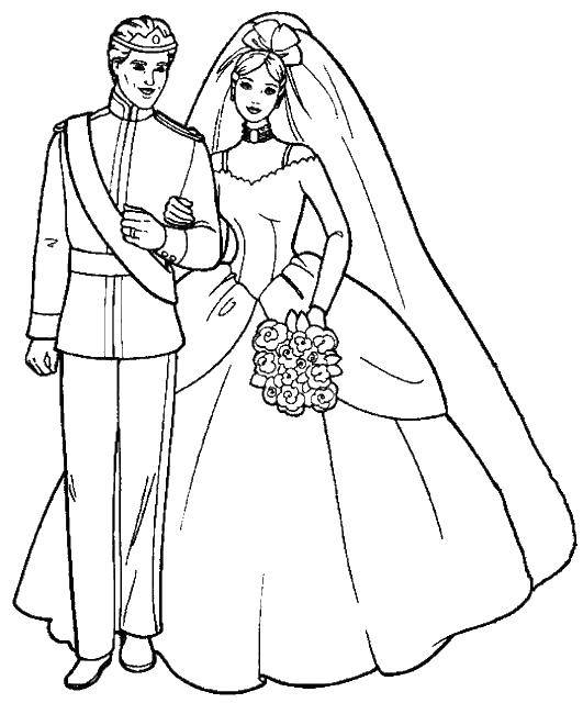 Название: Раскраска Барби невеста и ее жених. Категория: Свадьба. Теги: барби, платье, жених, фата, букет.