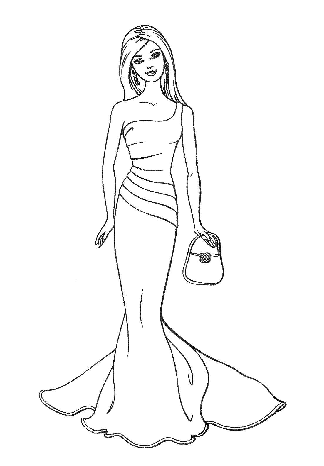 Название: Раскраска Барби в платье и с сумкой. Категория: Барби. Теги: барби, сумка, платье.