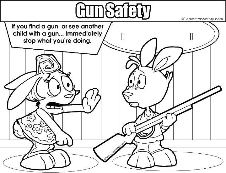 Название: Раскраска Безопасное обращение с ружьем. Категория: оружие. Теги: Правила безопасности.