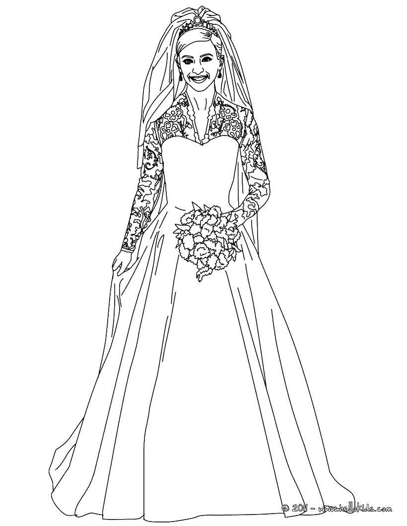 Название: Раскраска Букет и невеста. Категория: Платья. Теги: невеста, букет, фата.