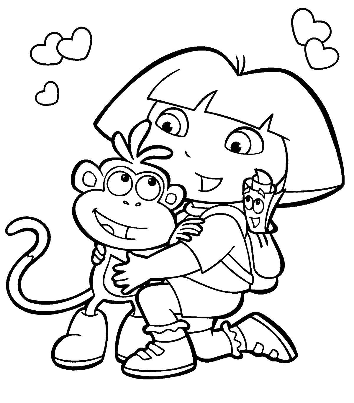 Coloring Dasha and slipper hug. Category Cartoon character. Tags:  Cartoon character, Dora the Explorer, Dora, Boots.