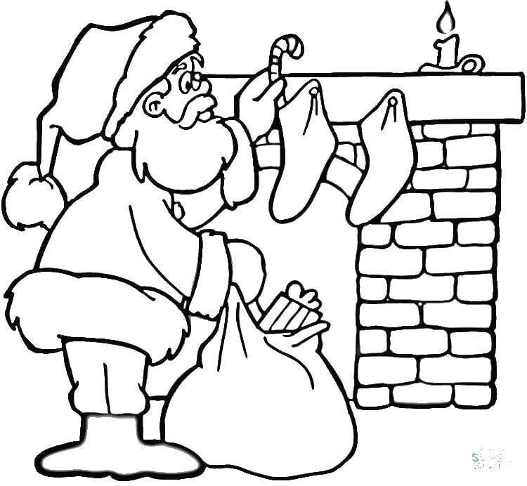 Coloring Santa Claus and fireplace. Category Christmas. Tags:  Santa Claus, fireplace, bag.