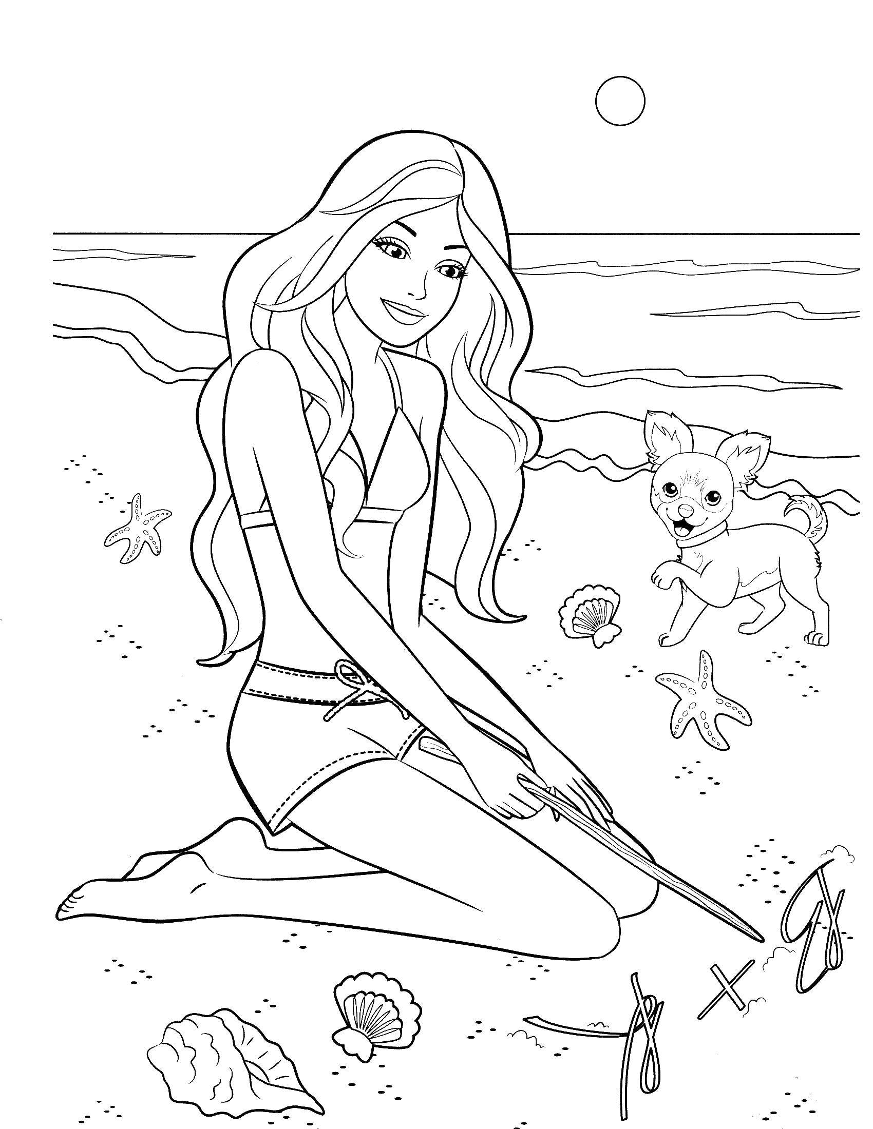 Название: Раскраска Девушка на пляже с собачкой. Категория: Пляж. Теги: девушка, собачка, ракушки.