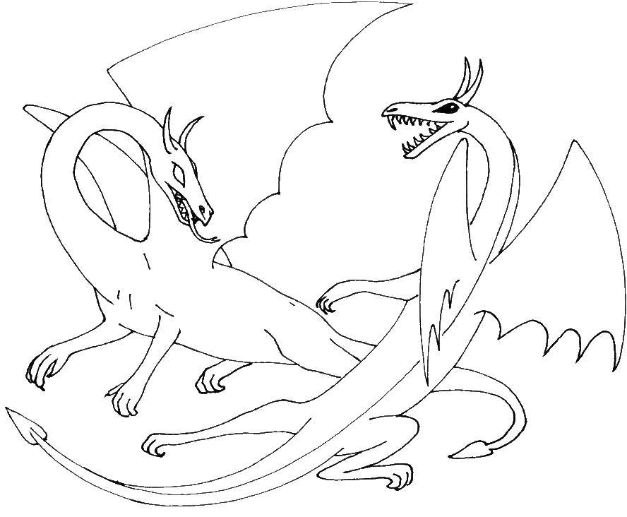 Название: Раскраска Два дракона. Категория: Драконы. Теги: дракон, дракончик, огонь, крылья.