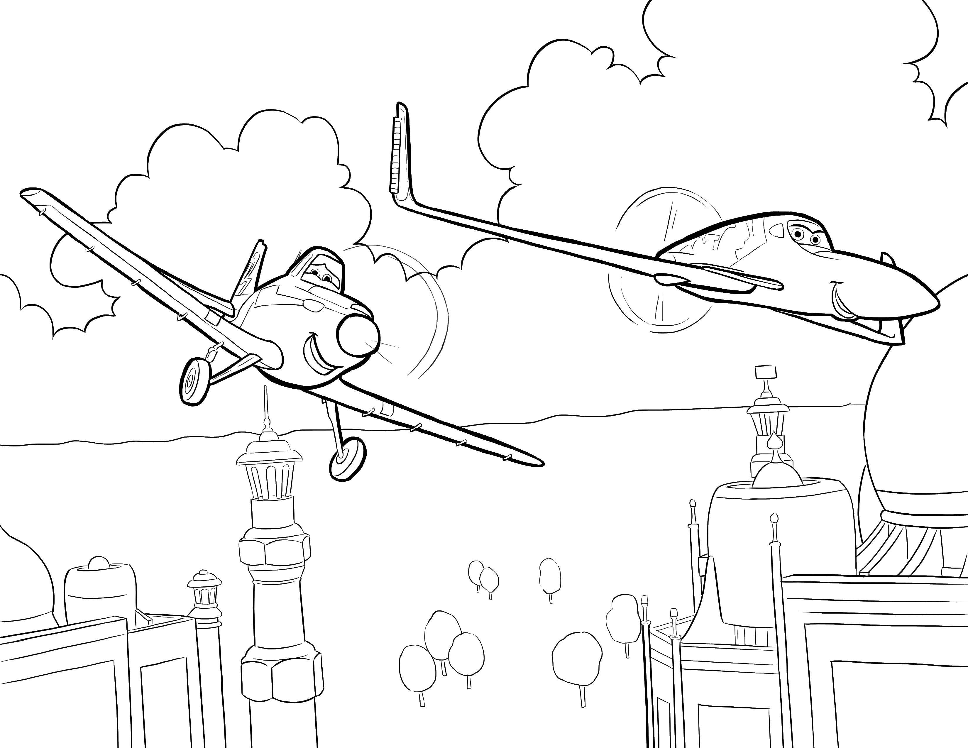 Название: Раскраска Два самолета над городом. Категория: Самолеты. Теги: самолеты, город, деревья.