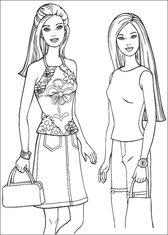 Название: Раскраска Две барби с сумками. Категория: Барби. Теги: барби, сумка, юбка.