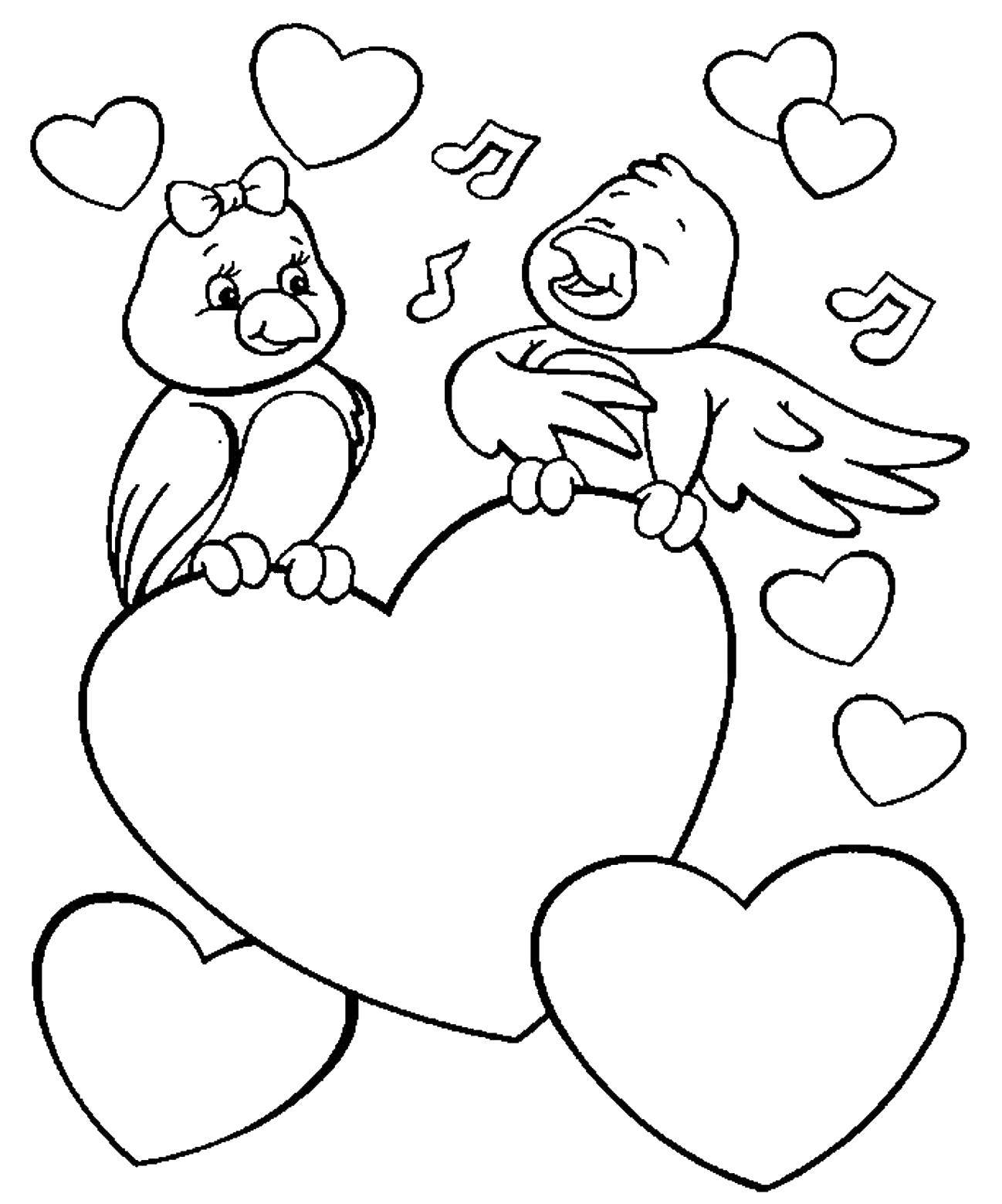 Название: Раскраска Две птички и сердечки. Категория: Я тебя люблю. Теги: птички, сердечки, ноты.